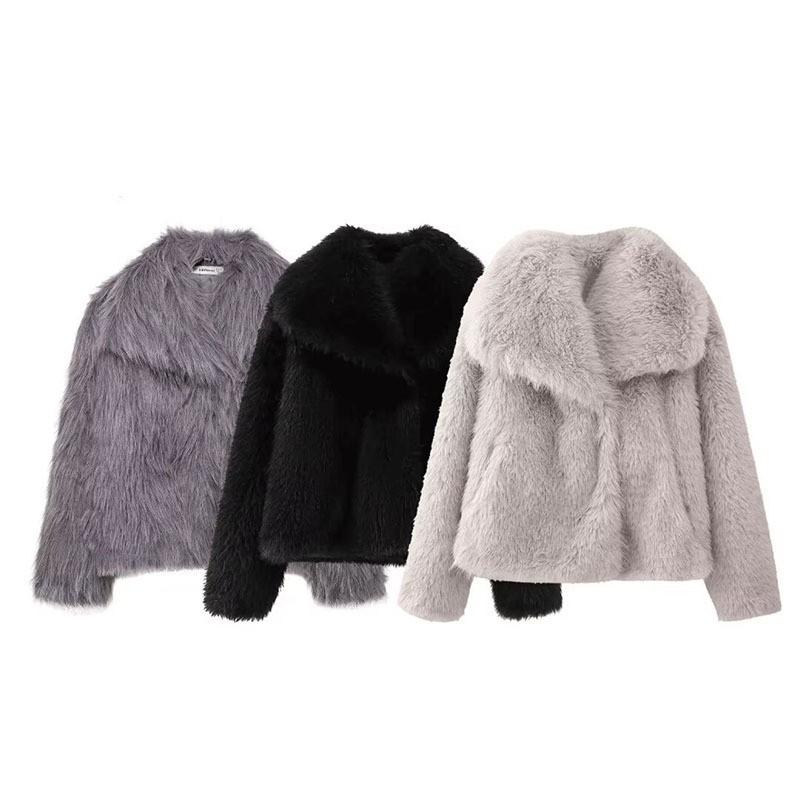 Womens Faux Fur Jacket Short Loose Long Sleeve Winter Coat In Beige Black Stylish Casual Outerwear