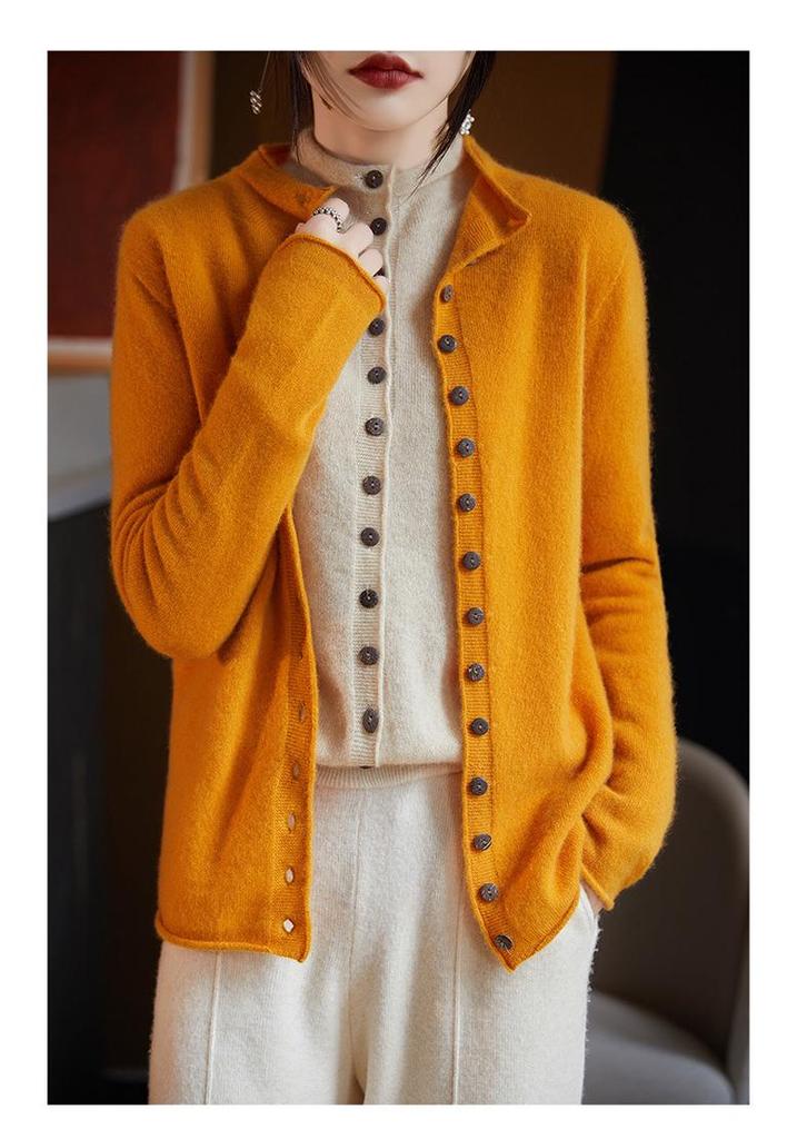 Women's 100% Wool Stand Collar Seamless Cardigan - Loose Knit Long Sleeve Cashmere Coat for Autumn/Winter