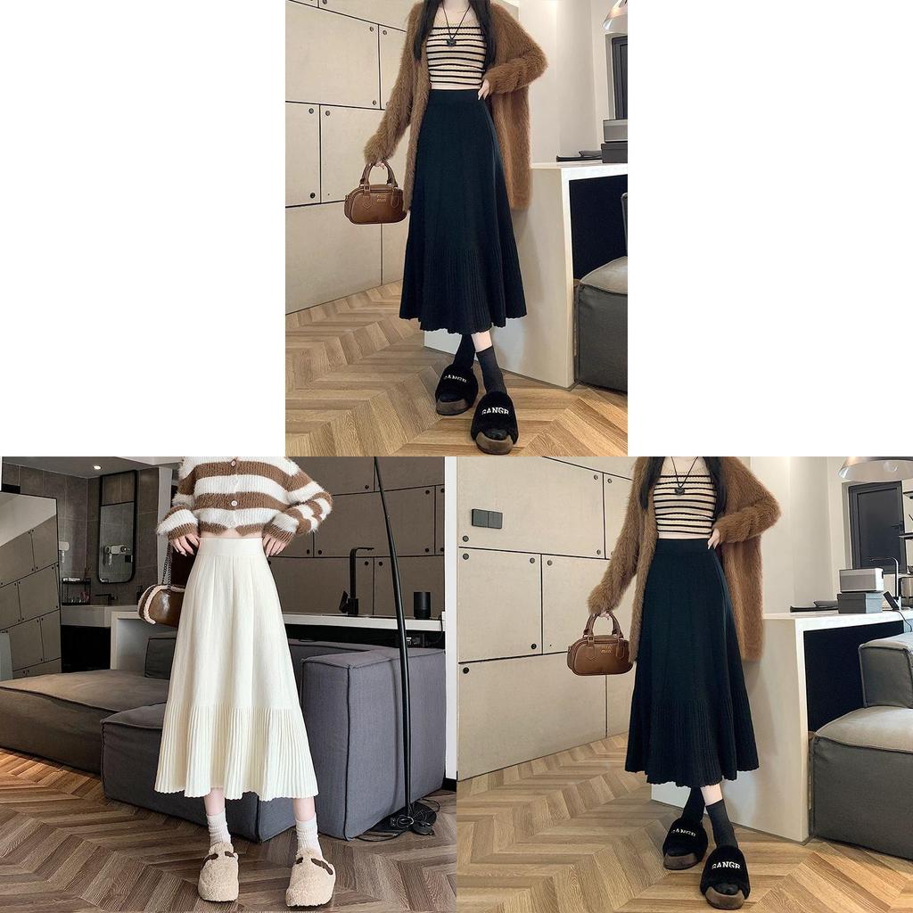 Cotton Blend Knit Midi Skirt With High Waist And Pleats For Fall Winter Fashion