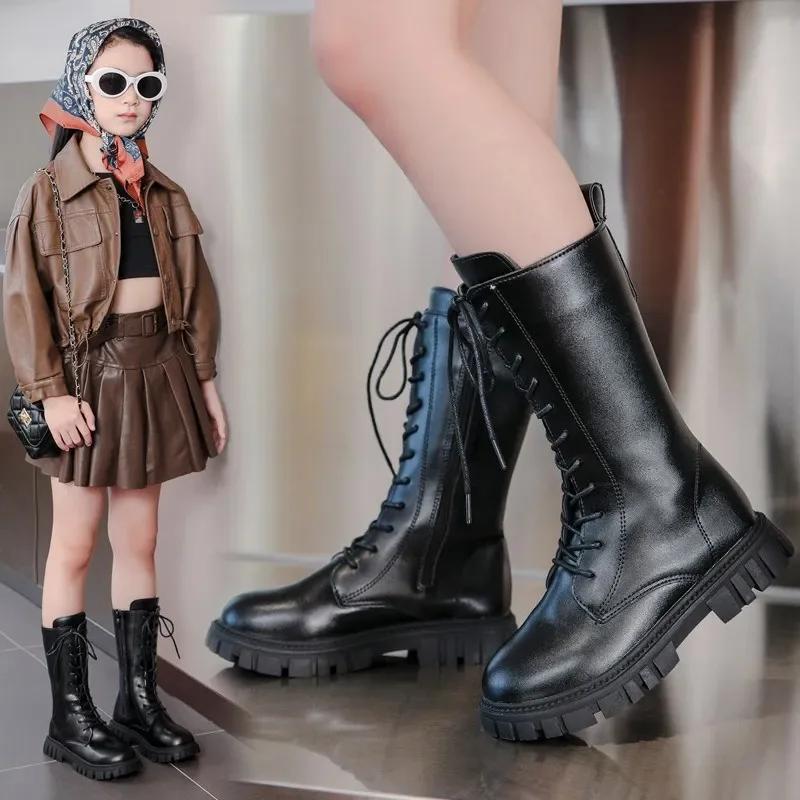 Botas Girls Boots Autumn Winter British Style Lace Up Long Boots Solid Color Princess Leather Boots Plus Velvet Kids Knight Boot