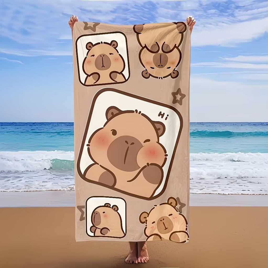 Kawaii Capybara Cartoon Print Beach Towel Large Soft Absorbent Shower Towel Brown Animal Sunbathe Blanket Picnic Mat Yoga Rug