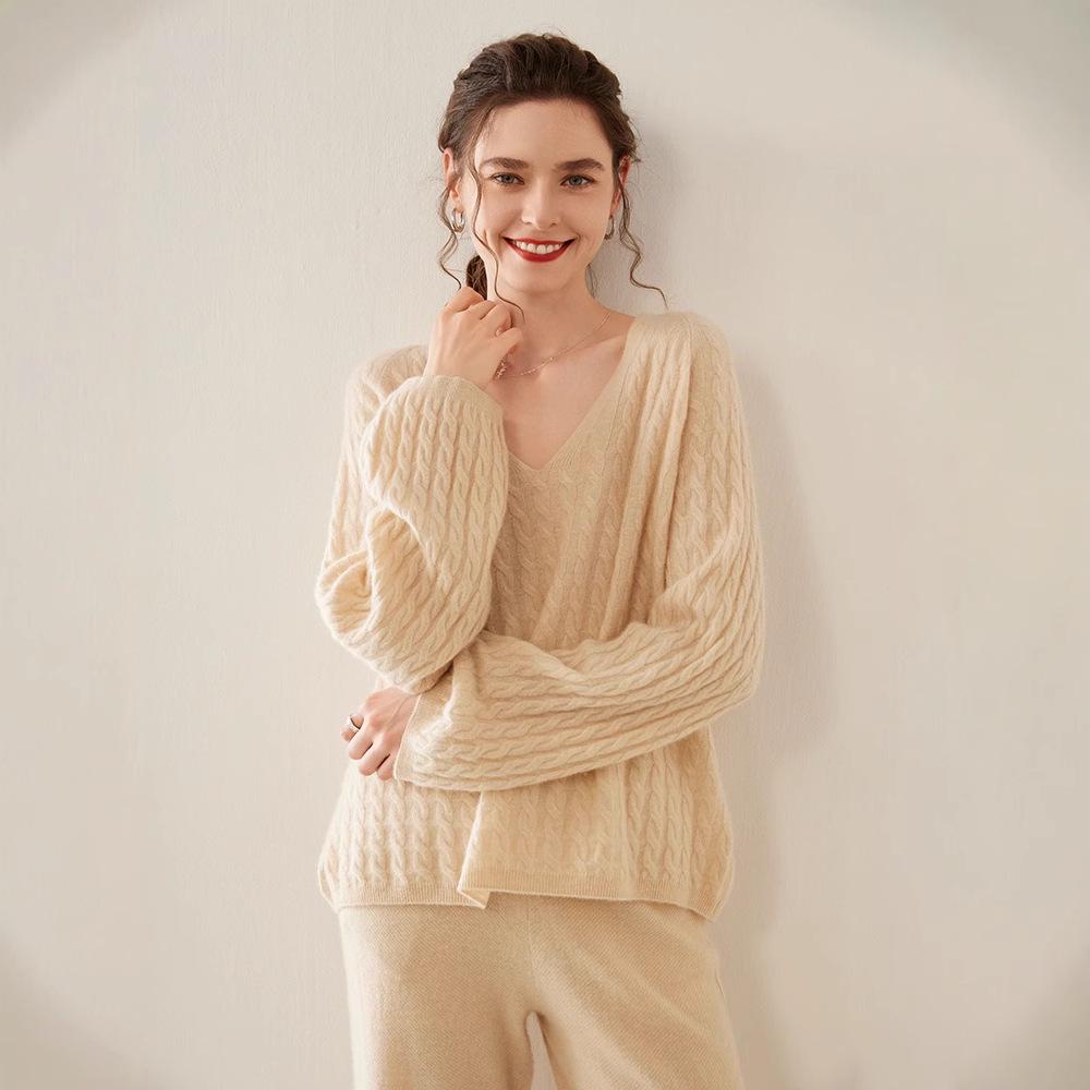 Women's Cashmere V-Neck Sweater - Autumn/Winter Knit, Loose-Fit, Slimming Korean Style Fashion