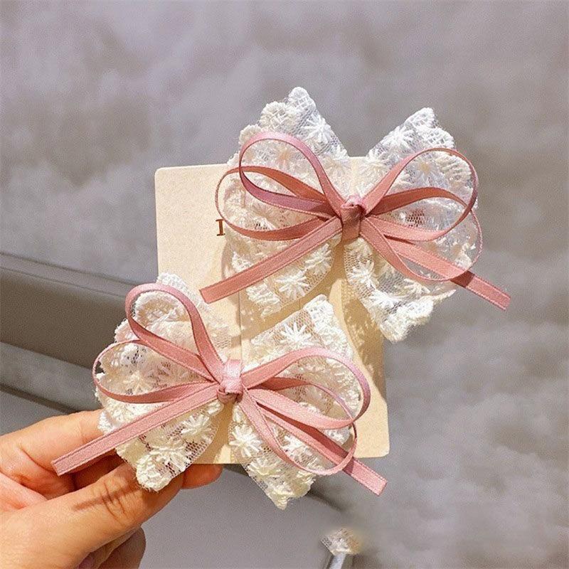 2 Pièces/Ensemble Pinces à Cheveux Bébé Nœud en Dentelle Ruban Doux Petites Filles Tout-Petites Épingles à Cheveux Princesse Accessoires Mignons pour Cheveux de Côté pour Filles
