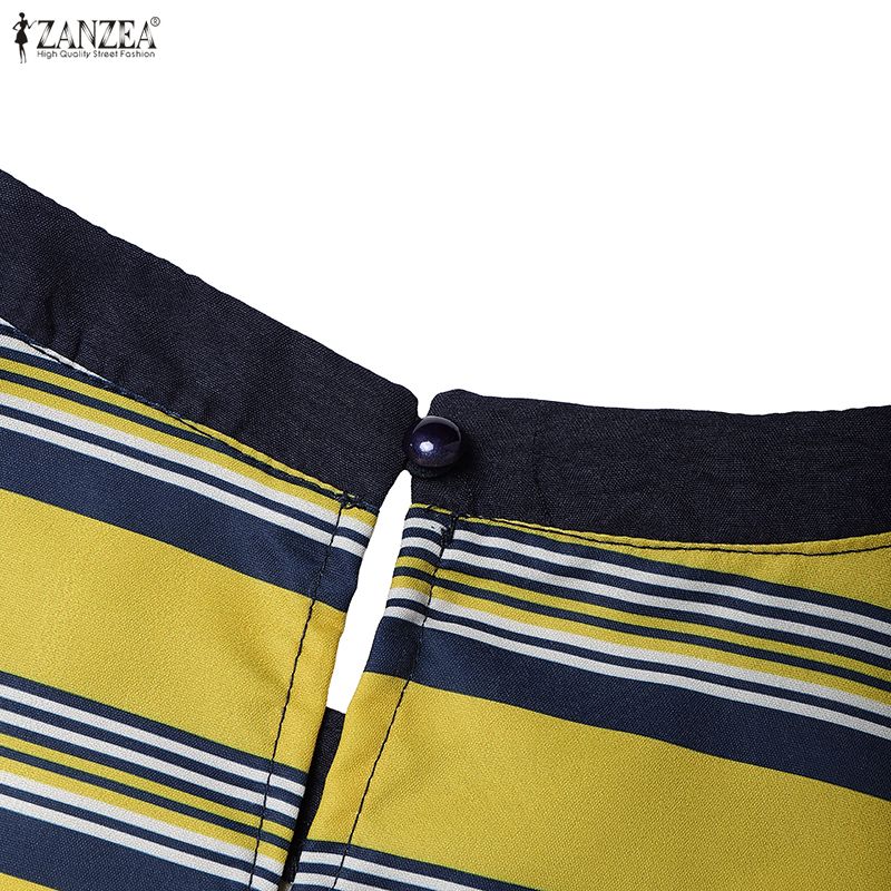 ZANZEA Women Round Neck Ruffles Short Sleeve Casual Stripe Patchwork Long Dress