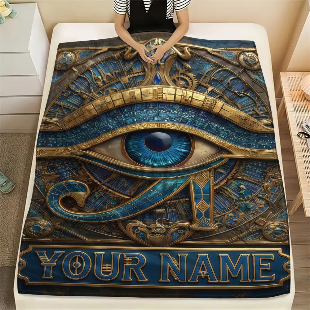 1PC Custom Name Golden Egyptian Pharaoh Patterned Flannel Blanket Suitable For All Seasons for Home Decor Warmth and Comfort Gifts Holiday Present_lx