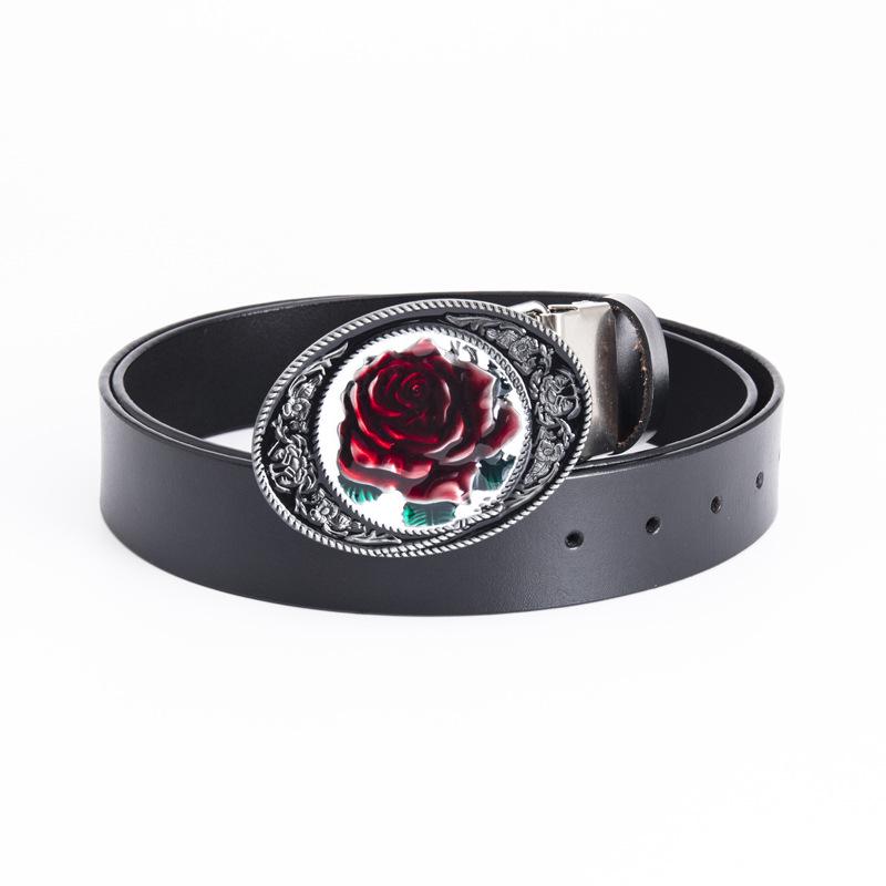 Rose-Shaped Waistband Leather Belt with Floral Pattern - Nightclub Single Loop Pants Accessory