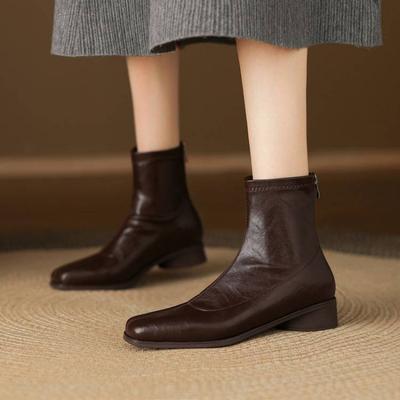 Version coréenne bottes mi-mollet à bout carré fermeture éclair arrière couleur unie talon moyen pour femmes grande taille bottes pour femmes automne et hiver cuir semelle en caoutchouc