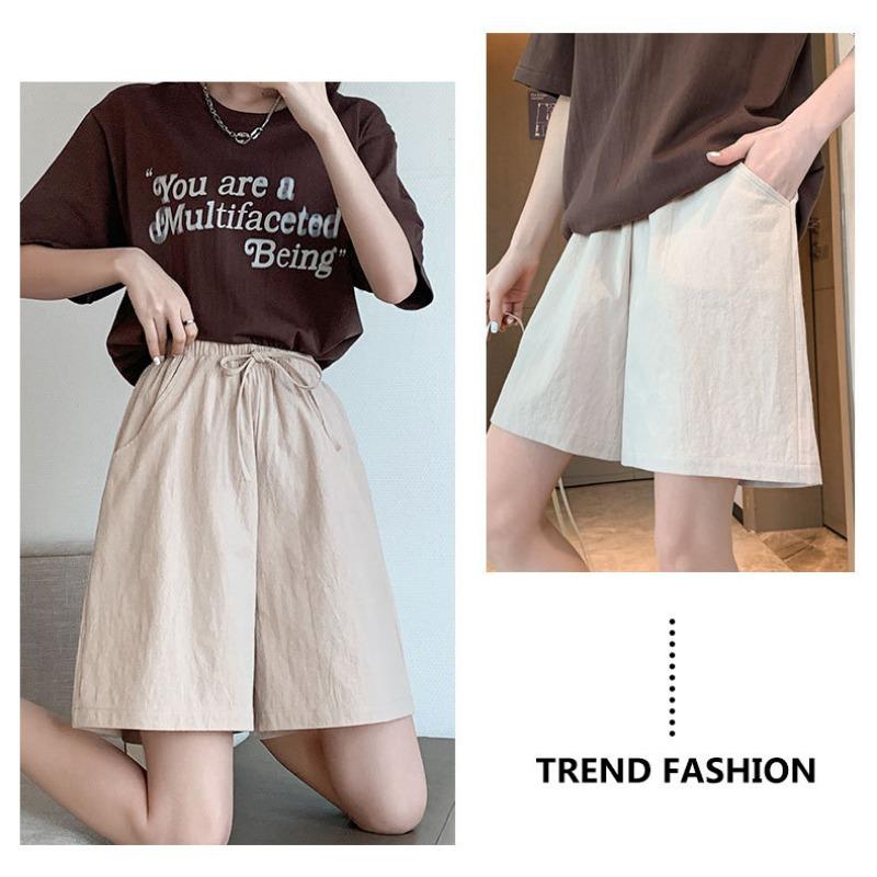 Cotton and Linen Five Quarter Pants Spring Leisure Sports Loose High Waist Wide Leg Pants Casual Shorts Women