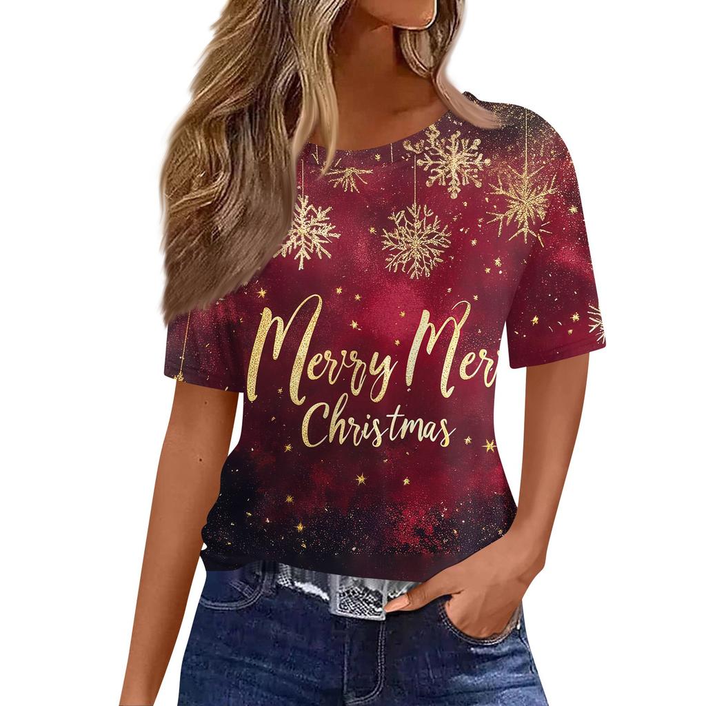 Women's Fashionable Casual Short Sleeve Christmas Print Round Neck Pullover Top