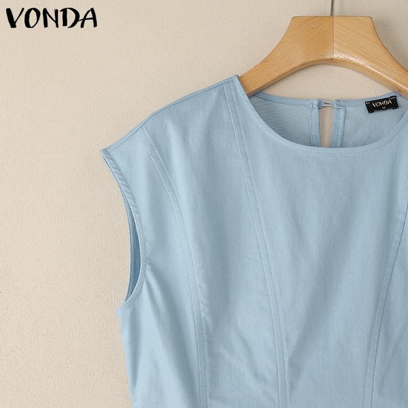 VONDA Elegant Women Casual Round Neck Sleeveless Solid Color Ruffled A-line Dress