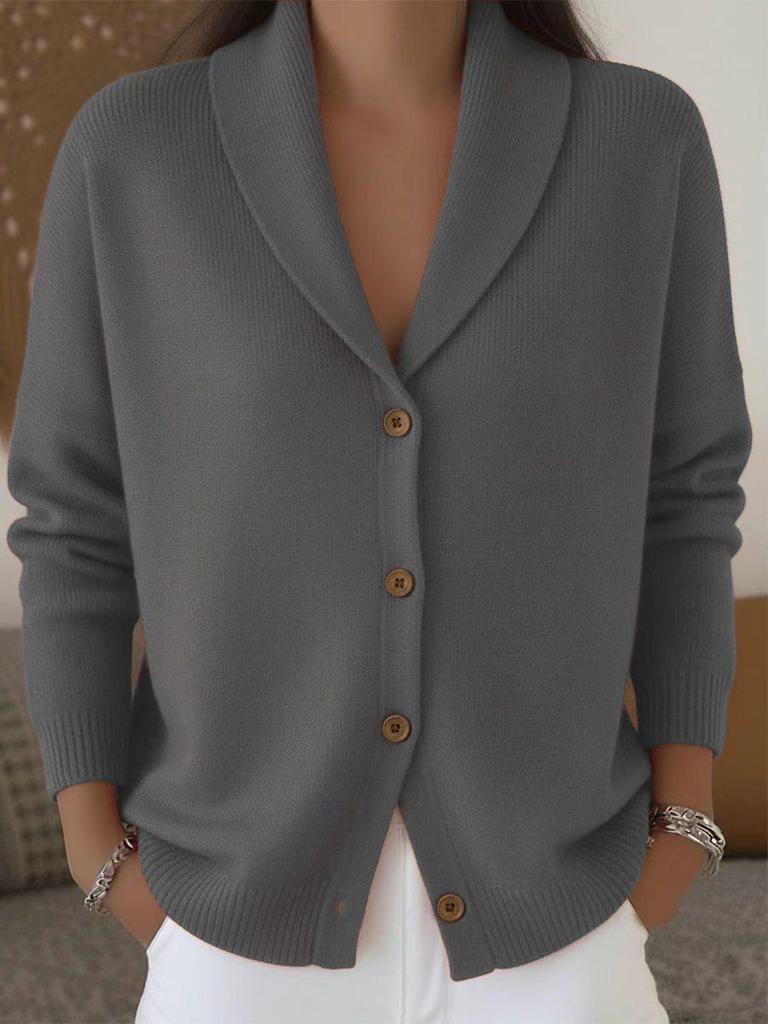 2026 Europäischer & Amerikanischer Herbst/Winter Strick-Cardigan: Damen Pullover mit lockerem Revers, Knöpfen, einfarbig, langärmlig.