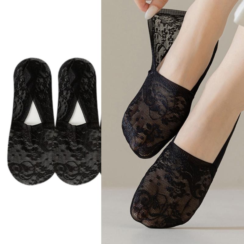 No Show Socks Women for Flats Invisible Hiddens Socks Lace Low Cut Liner Socks with Antis Slip Strips Cotton Bottom Socks
