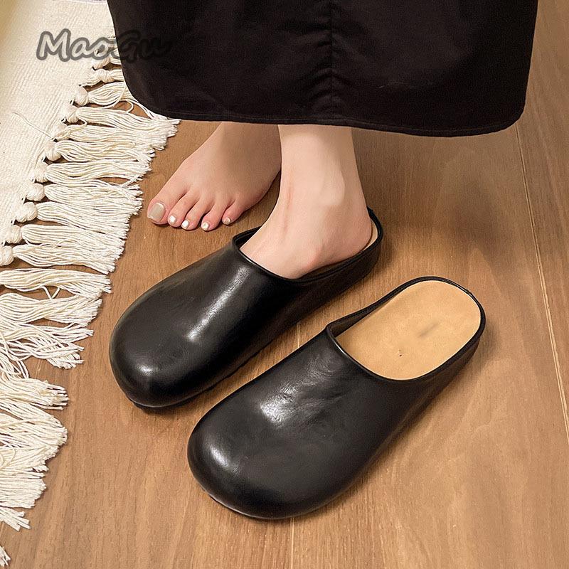 Fashion Height Increasing Thick Bottom Non-slip Women's Mules Slip on PU Leather Ladies Slides Round Toe Comfortable Slippers Size 35 39