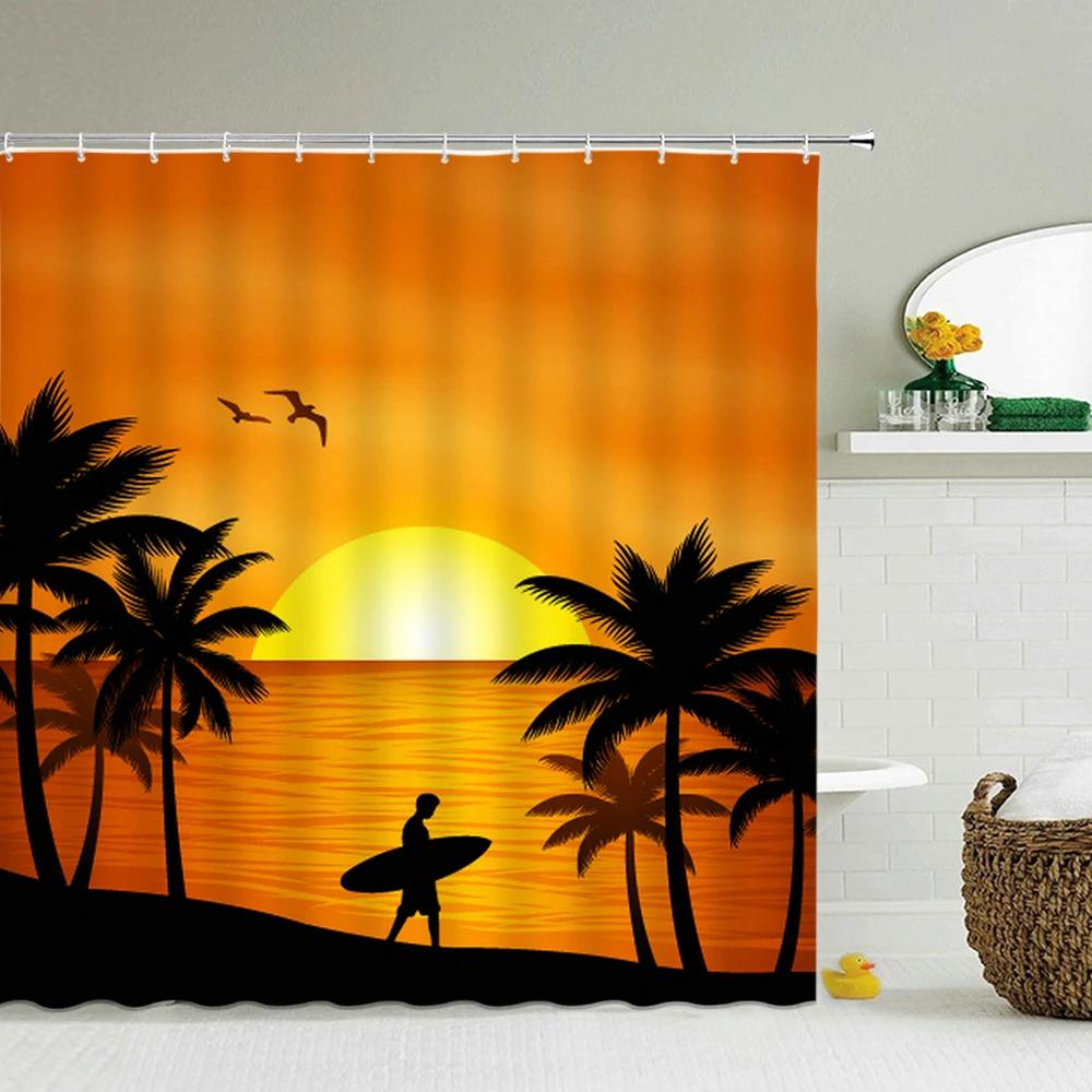 Sunlight Ocean Scenery Shower Curtains Decoration Waterproof Fabric Sunset Dusk Sea Dolphin Cowboy Bath Curtain Bathroom Screen