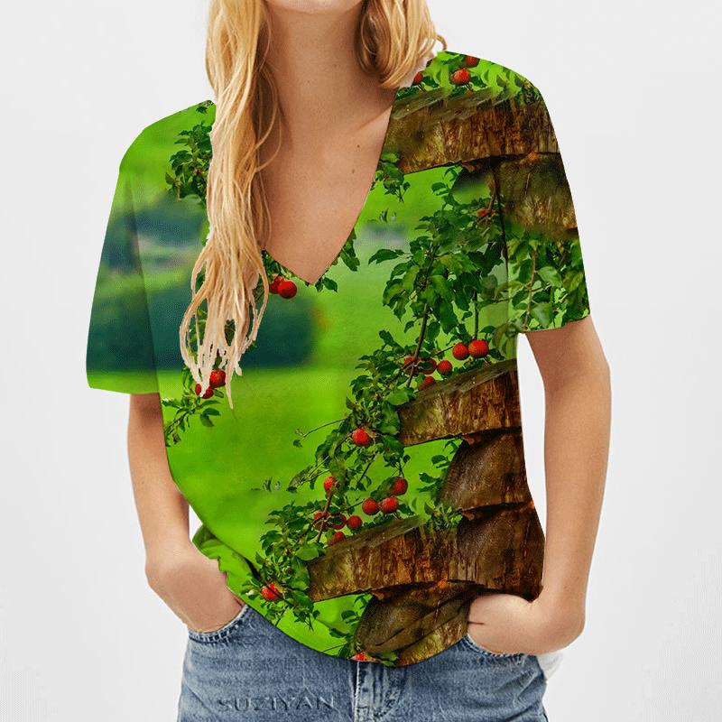 

Модные весенние блузки с клубничным принтом, футболки с V-образным вырезом и короткими рукавами, повседневные 8XL зелёный