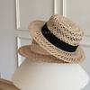 Natural Marillaise Woven Hat Women'S Fashion British Flat Top Top Hat Old Money Wind Seaside Vacation Sunshade Hollow Straw Hat