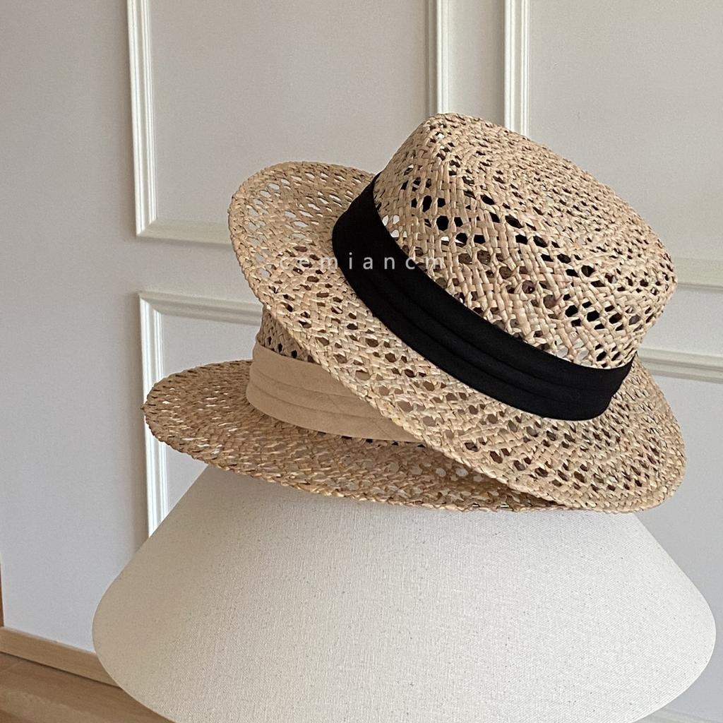 Natural Marillaise Woven Hat Women'S Fashion British Flat Top Top Hat Old Money Wind Seaside Vacation Sunshade Hollow Straw Hat