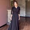 2024 Summer Elegant Women's Solid Color Waist-Cinching Mesh Long Dress