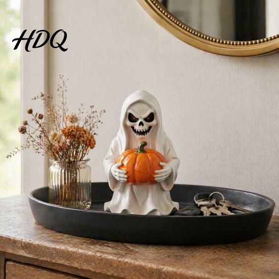 Decorative Ghost Figurine for Halloween White Pumpkin Resin Statue, Spooky Holding Mini Ornament Garden Yard Tabletop Mantel Home Decor with