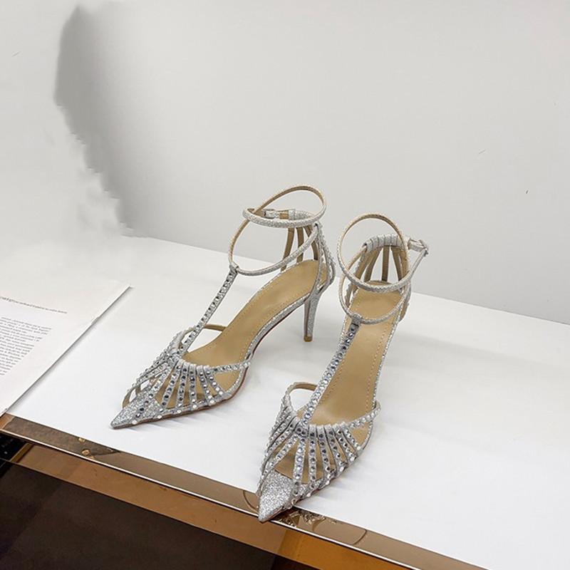 

Bling Sequined Rhinestones Narrow band Women Gladiator Sandals Sexy Strap High heels Summer Party Wedding Sandals Shoes 40