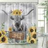 Funny Highland Cow Shower Curtain Farm Animal Sunflower Watercolour Flowers Farmhouse Polyester Fabric Bathroom Decor with Hooks