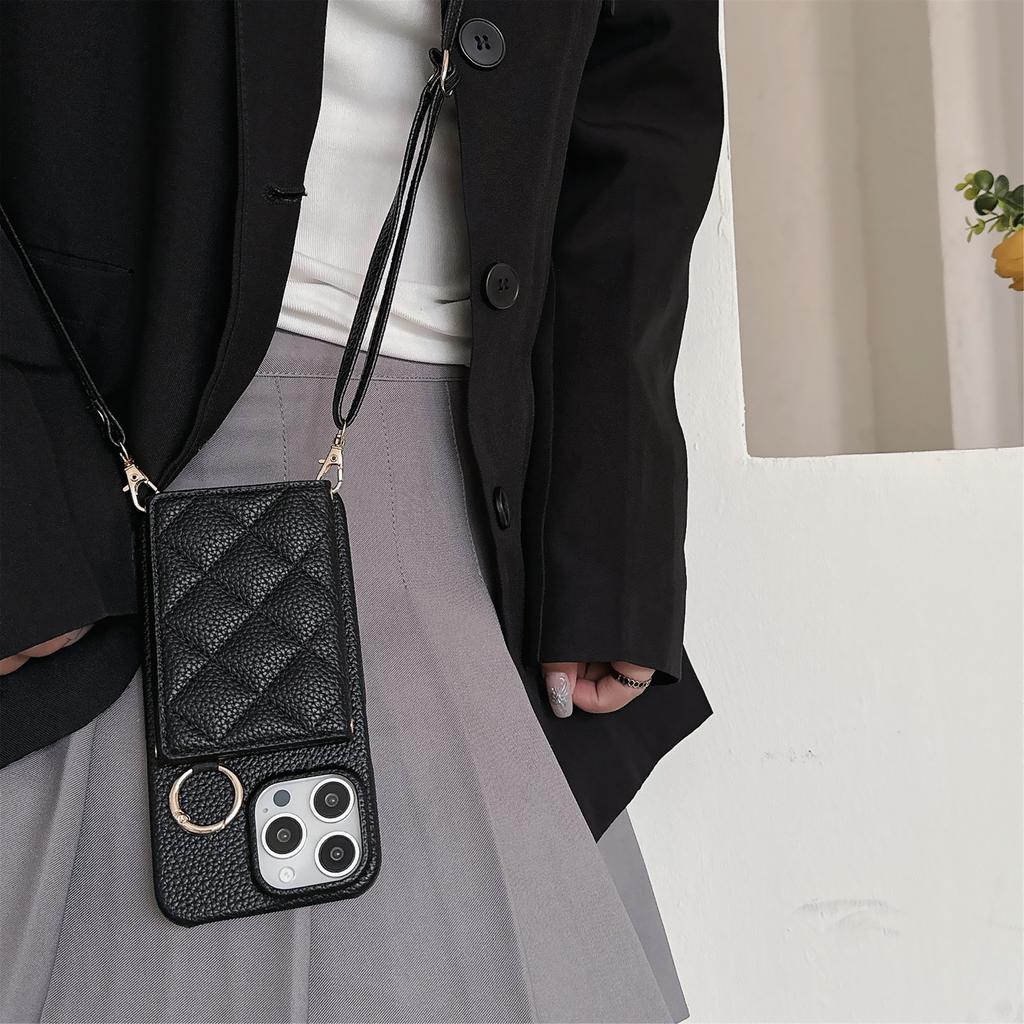 Applicable To Iphone17promax Apple 14 Flip Card Bag, Xiaoxiangfeng Rhombus Messenger Phone Case Ip16E Female