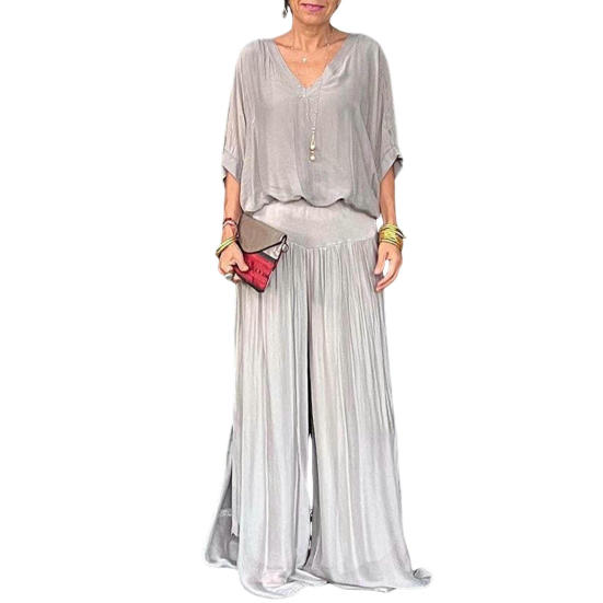 2 pezzi/set top da donna pantaloni tuta ampia scollo a V pieghettato gamba larga tinta unita sciolto morbido vita alta elastica maniche a tre quarti pipistrello casual quotidiano top