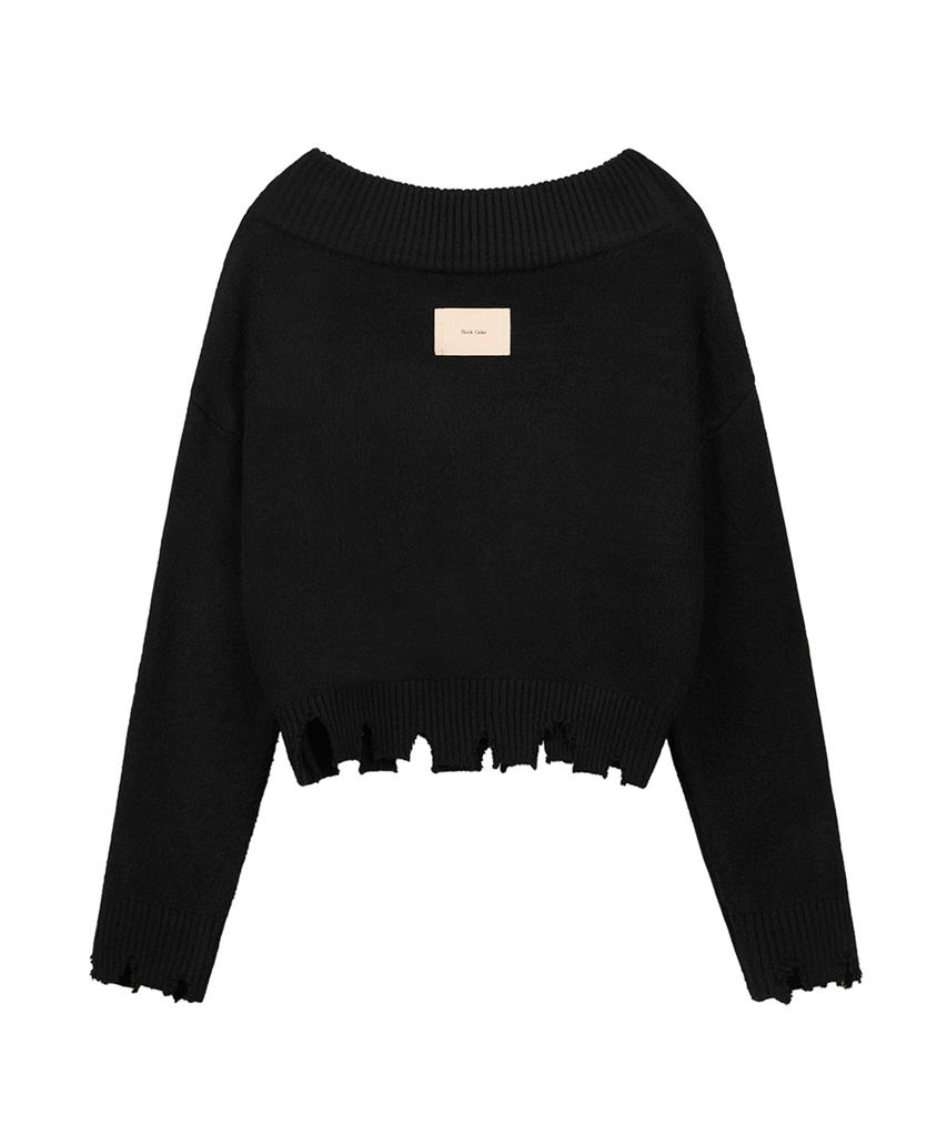 ROCKCAKE Off Shoulder Damaged Knit - Black