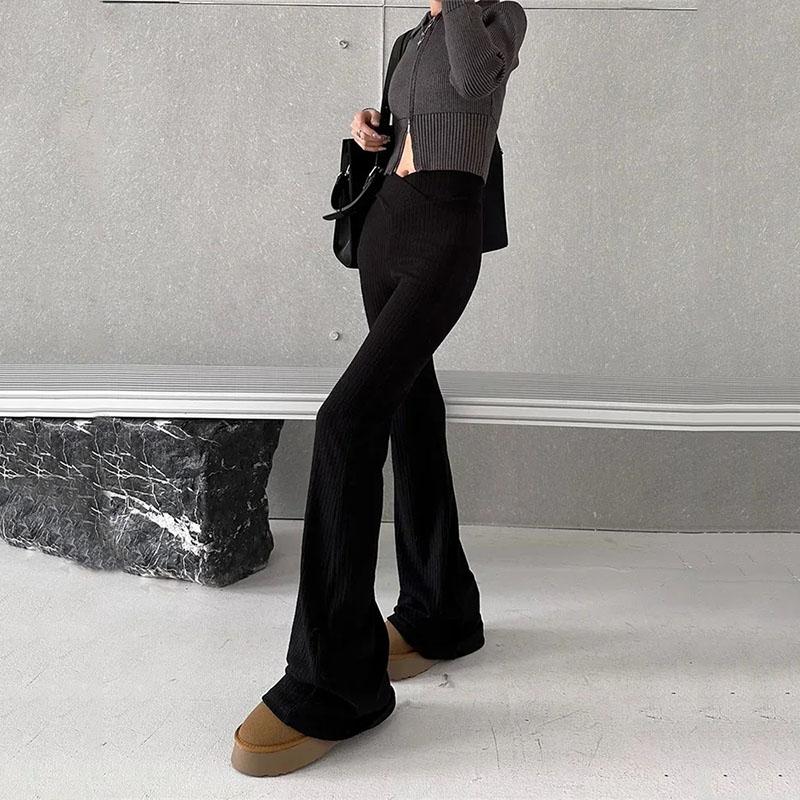 Y2K Vintage Gray Flare Kalhoty Úzké ženy Korejská móda Základní černé Legíny s rozšířeným vzorem Harajuku Retro Ležérní Pletené tepláky