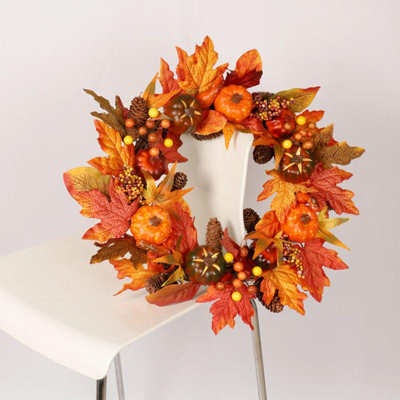 Ghirlanda autunnale per porta d'ingresso, ghirlanda di zucche verdi, ghirlanda autunnale artificiale per la casa, ghirlanda autunnale con foglie di eucalipto per decorazioni del Ringraziamento