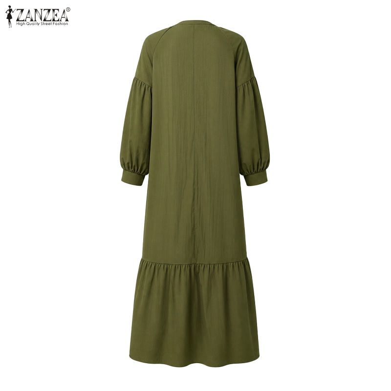 ZANZEA Autumn Womens V Neck Puff Sleeve Maxi Dress Casual Loose Solid Color Tiered Long Dresses