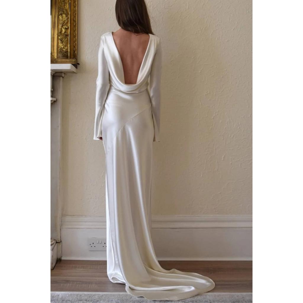 Women's Sexy Backless Mermaid Maxi Dress, Solid Color Round Neck Slim Fit Evening Gown for European American