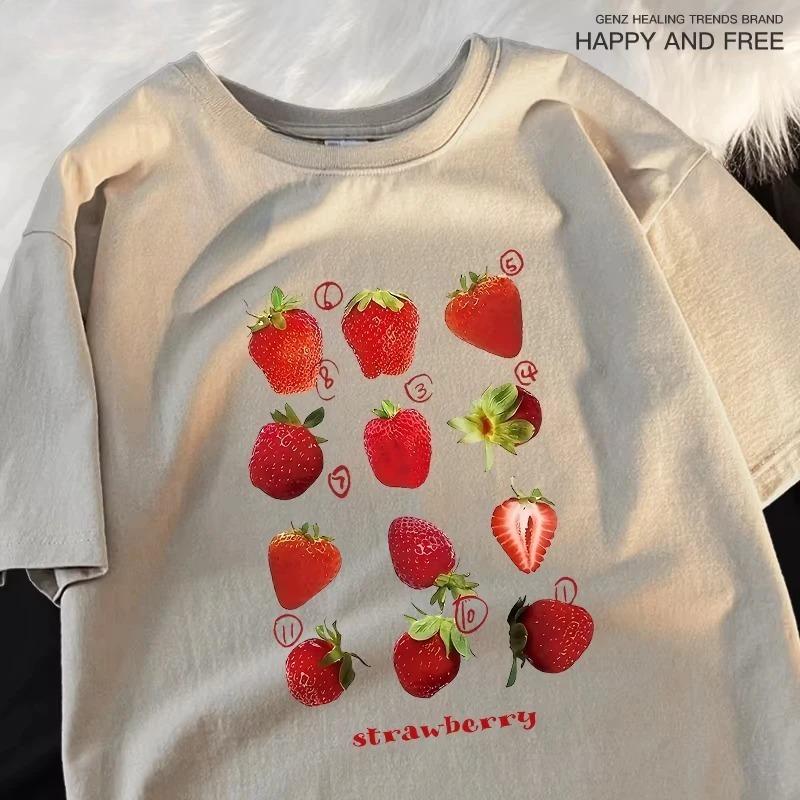12 Types Strawberry Printing Cotton Tshirts Unisex Unisex Summer Fashion Harajuku Loose Cute Couple Round Neck Tees Kawaii Clothes