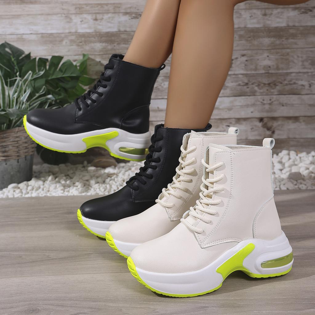 Aphixta Lace Up Woman Ankle Boots Platform 6cm Wedge Heel Leather Short Boots Chunky Heels Shoes for Woman Botas De Mujer Size43