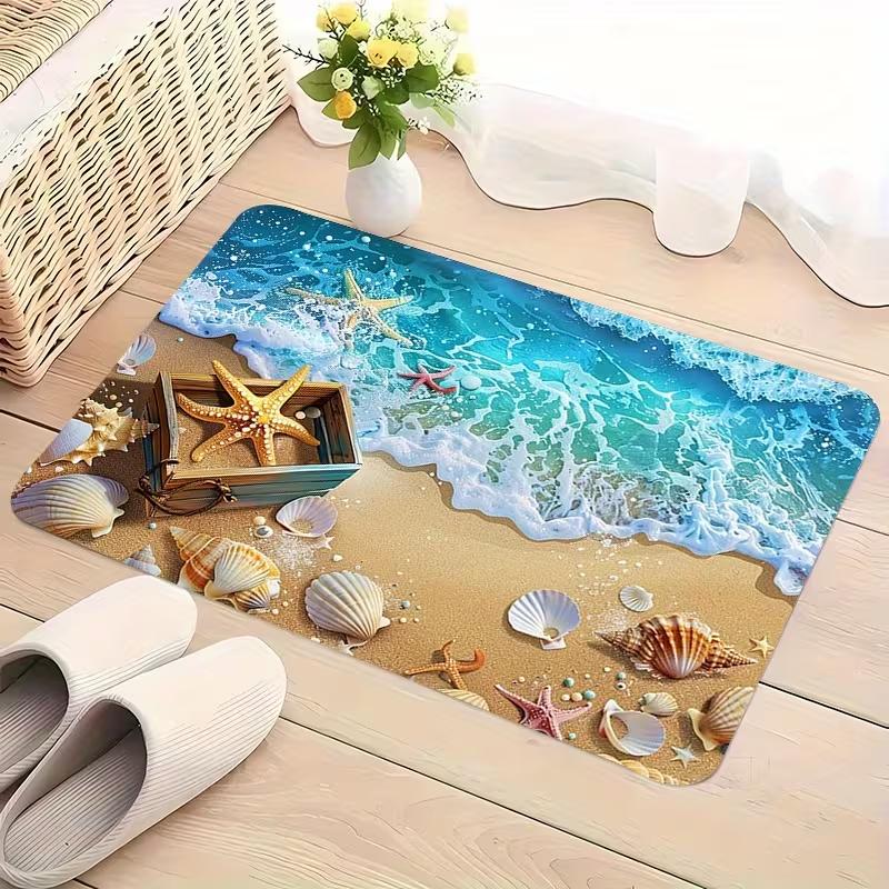 Vacation Style Beach Doormat Beach Shells Starfish Ocean Wave Pattern Carpet Soft Non-Slip Floor Mat Bedroom Entrance Rug