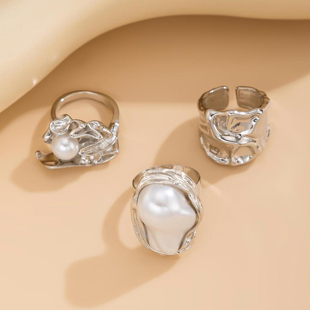 European & American Geometric Baroque Pearl Ring Set – Sweet Cool Ins Style Glossy Liquid Metal Ring