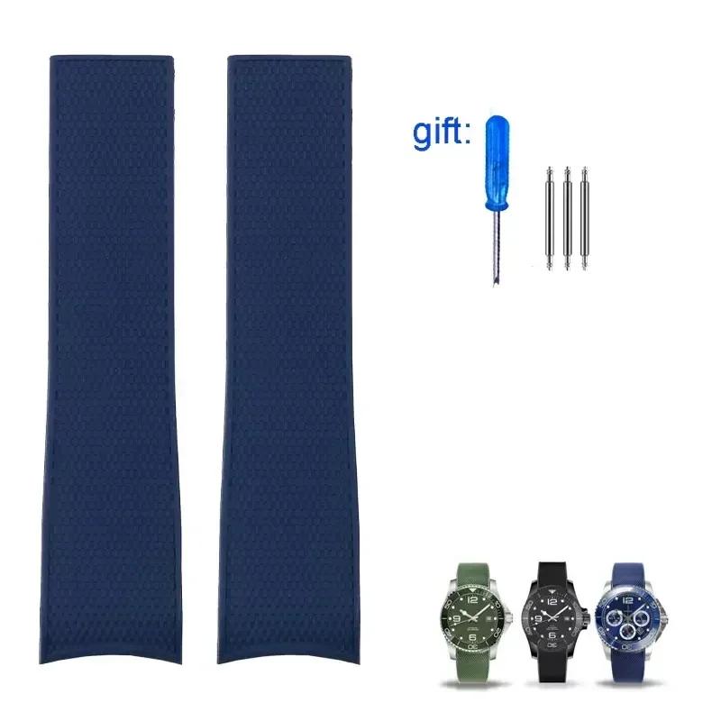Curved End Rubber Watch Strap for Longines Conquest HydroConquest L3.781 642 742 782 Sports Diving Silicone Blue Watchbands 21mm