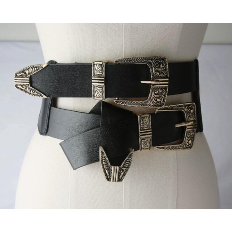 Women's Fashion Elastic Wide Waistband with Metal Carved Double Buckle Decorative Waist Belt for Dresses and Blouses Slim Waist
