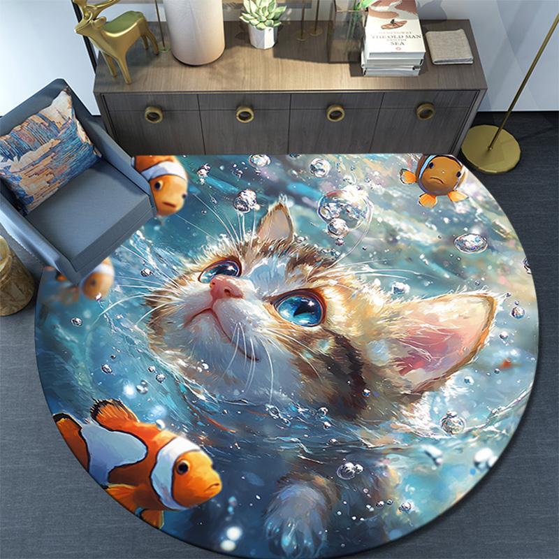 Kitten Clownfish Round Area Rug,Carpet Rug for Living Room Bedroom Sofa Playroom Decor,Non-slip Floor Mat