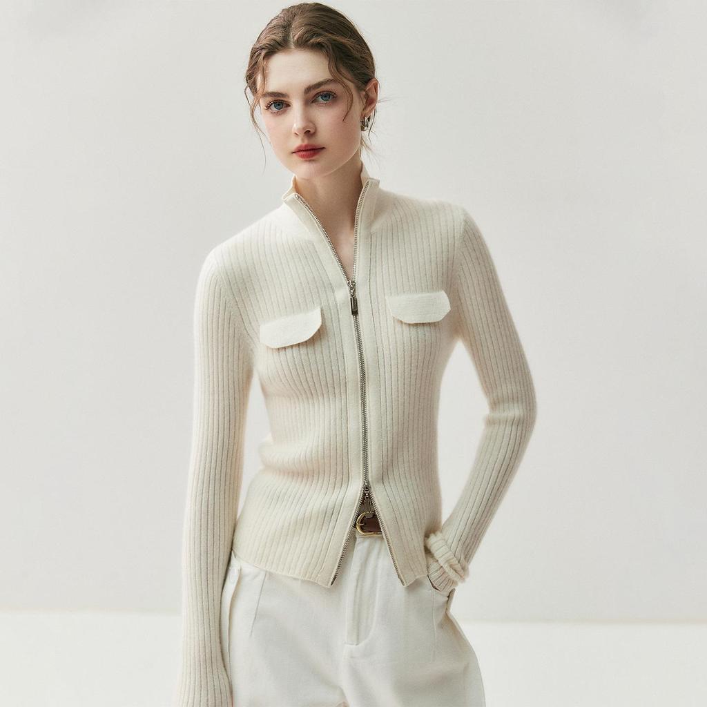 Korean Style Women's Cashmere Knit Cardigan - Slim Fit with Zipper Lapel and Long Sleeves for Versatile Wear