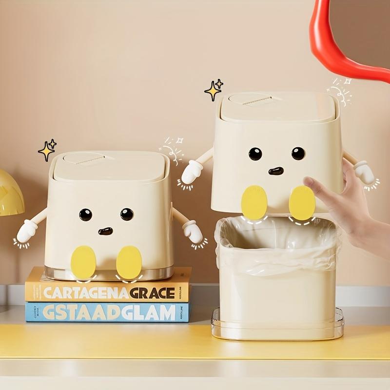 1 pc Cute Push-On Mini Trash Can with Brush, Compact Desktop Trash Can, Storage and Cleaning Function 2 in 1