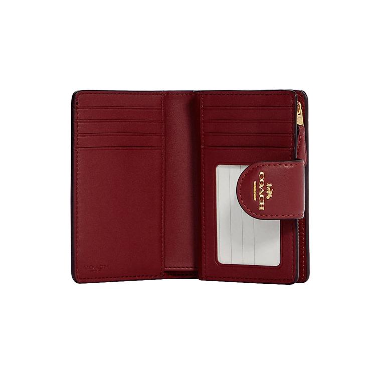 New COACH Canvas Leather Wallet Women's Dark Brown With Cherry C7414-IMOSN