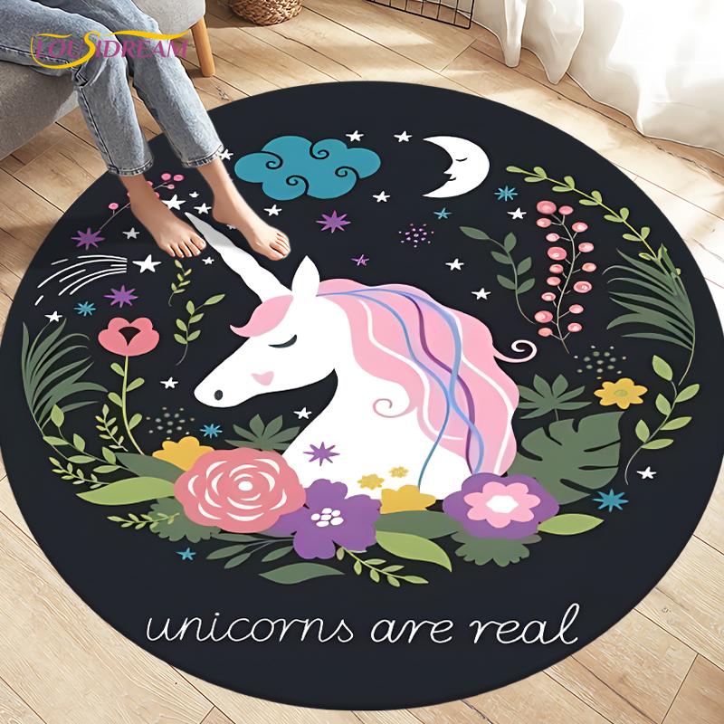 Children's Cartoon Cute Unicorn Animals Area Rug Round Carpets Rugs for Living Room,Kids Play Crawling Soft Non-slip Floor Mats