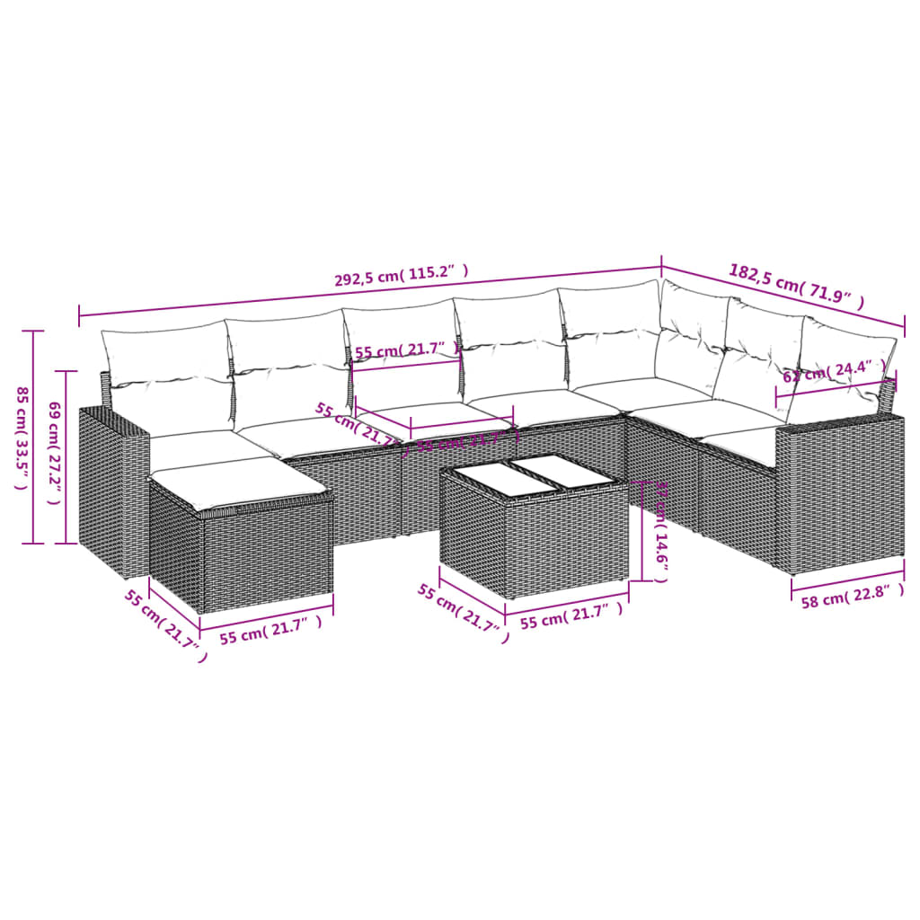 Vidaxl 9-Cz. Conjunto de Muebles de Jardín con Cojines, Marrón, Ratán Sintético