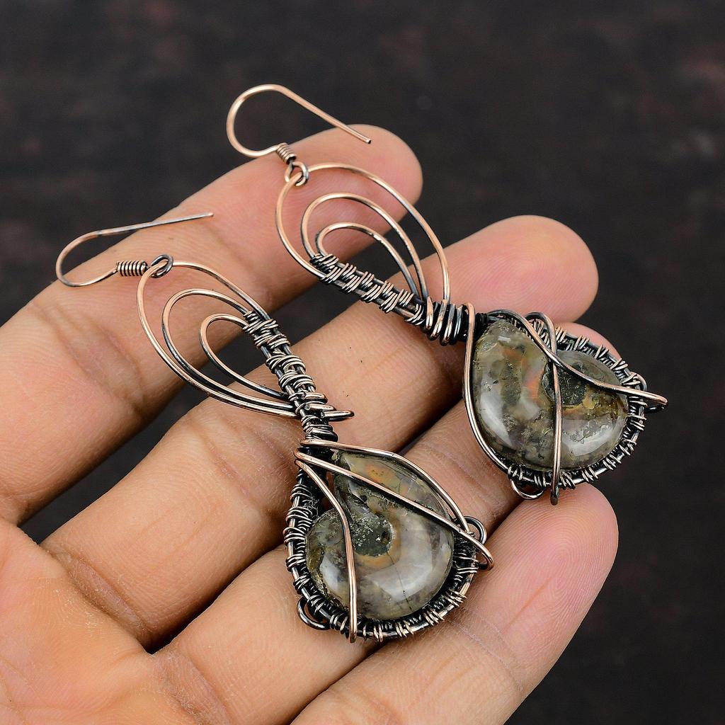 Ammonite Fossil Earrings Copper Wire Wrapped Earrings Copper Jewelry Gemstone Earring Handmade Wire Wrapped Jewelry Drop Earrings For Gift