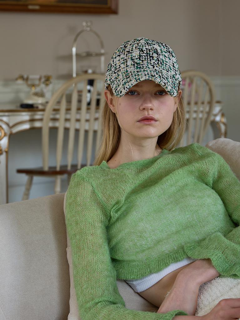 Olinkeompeulliteu Round Logo Tweed Ball Cap (Black & Green & White)