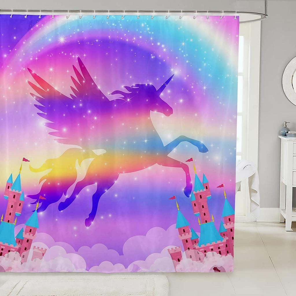 Gradient Purple Shower Curtain, Rainbow Unicorn Bath  Glitter Stars, Waterproof Curtains, Dreaming Cartoon Bathroom Deco