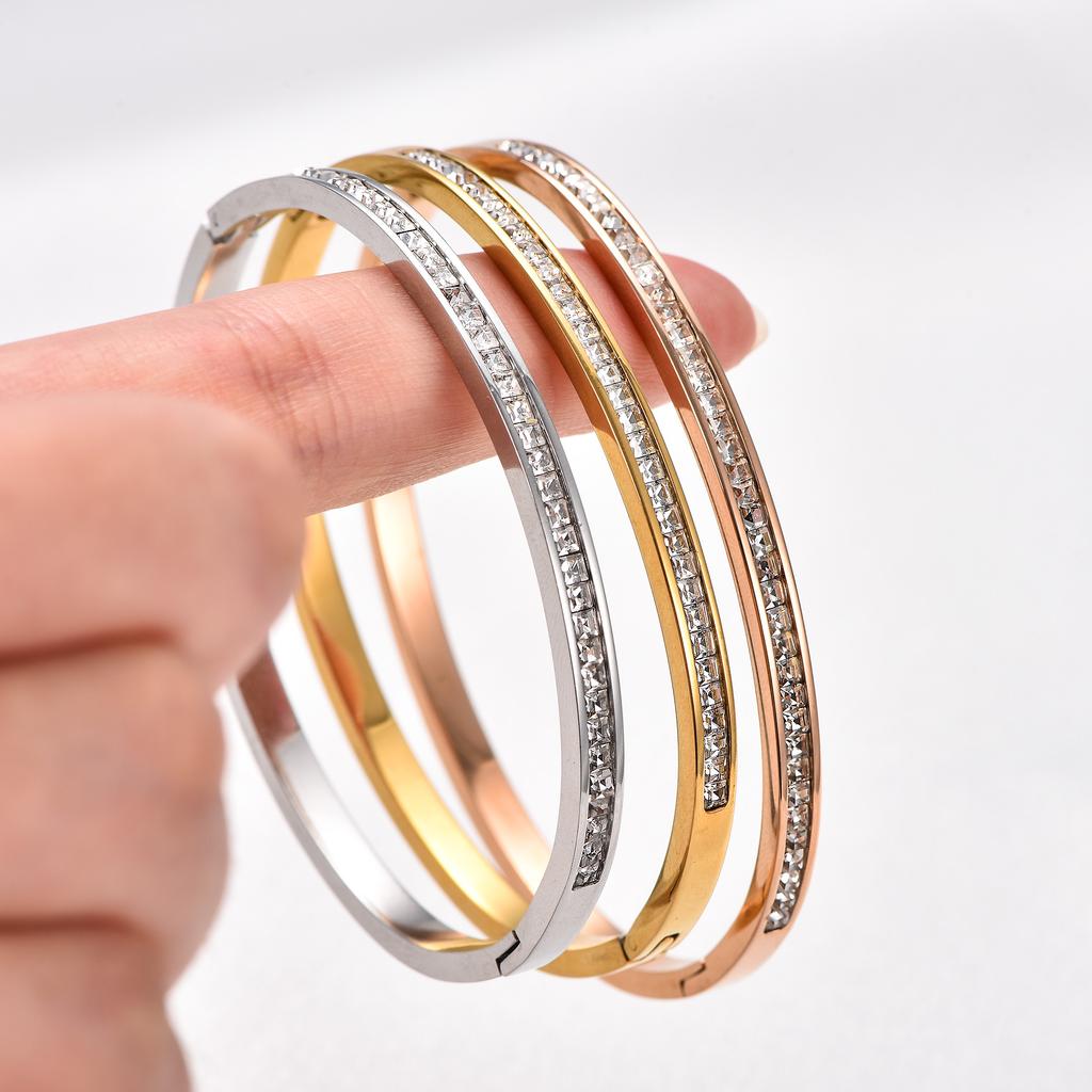 Elegant Stainless Steel Zircon Bangle Cuff Bracelet for Women Openable Wristband Metal Jewelry Accessories Gift for Her
