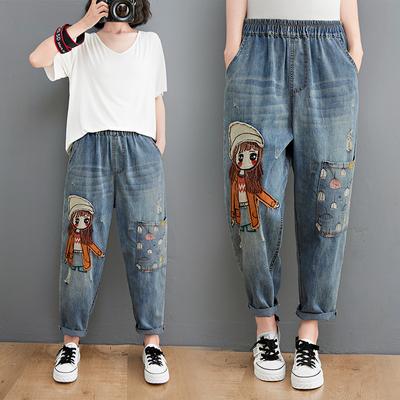 Outono Primavera Desenho Animado Lixo Menina Bordado Calças Jeans Mulheres Buraco Casual Cintura Alta Culotes Bolsos Mãe Harem Jeans Azul