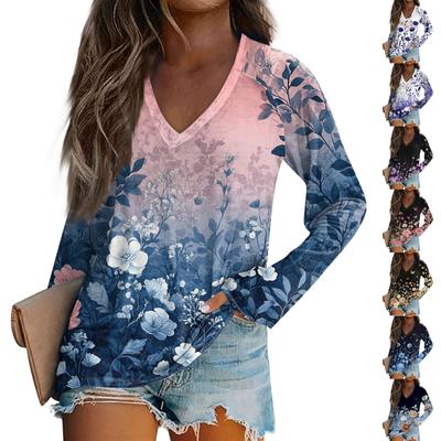 Women's Fashion Loose T-Shirt V-Neck Long Sleeve Vintage Floral Print Casual Top